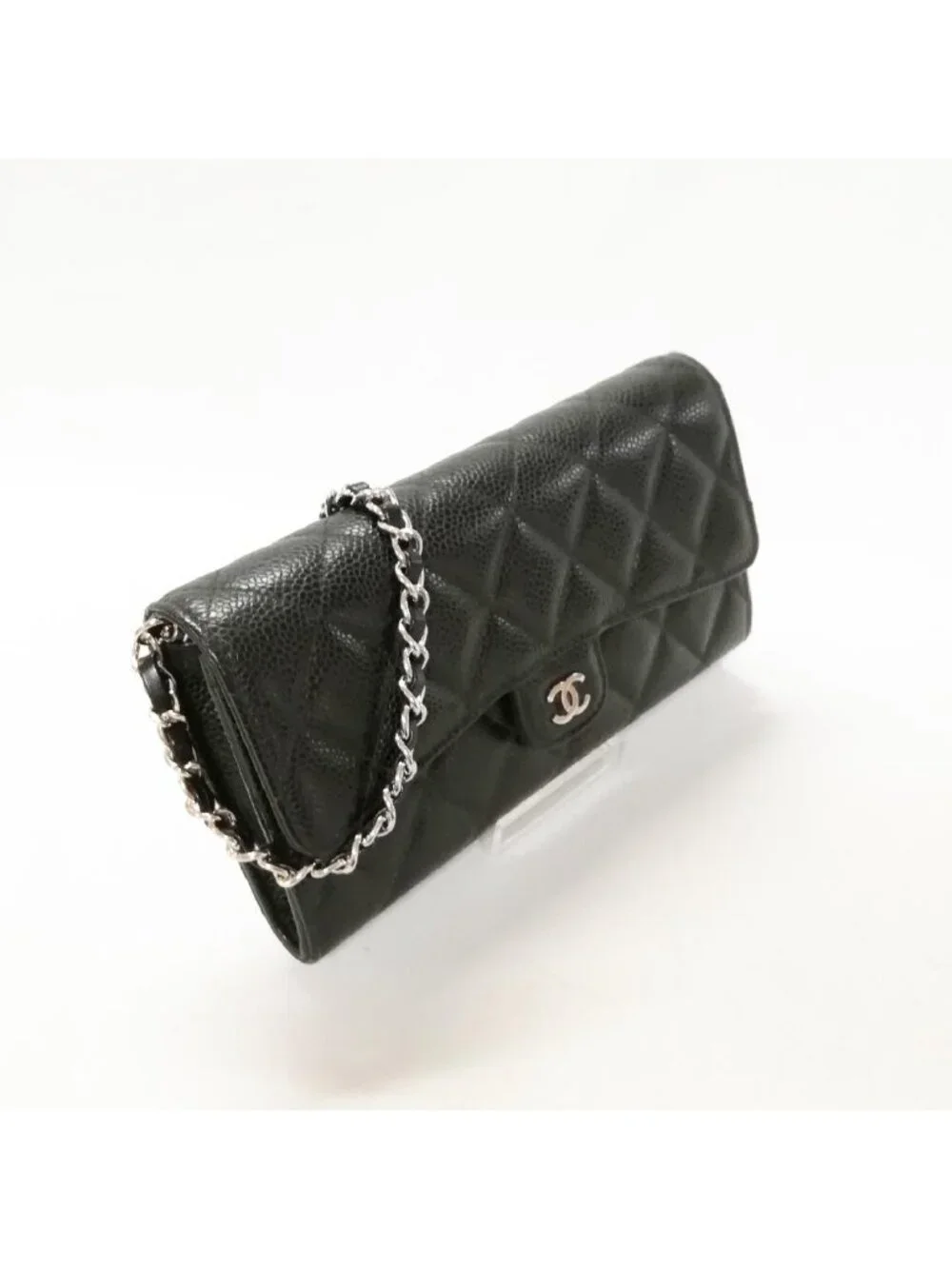 Chanel Caviar Leather Quilted Wallet Black Silver